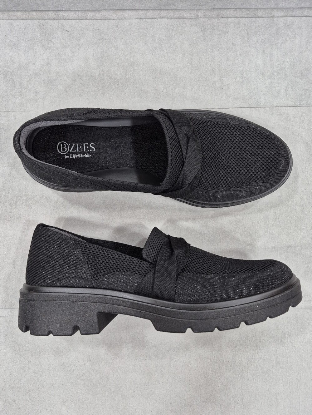 Bzees for LifeStride Muse Bow Chunky loafers women's 7.5M black sparkly knit